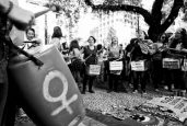 São Paulo, Brazil - May 28, 2016: Women play drums in action for the rights of gay women and the end of the coup d'etat in the country