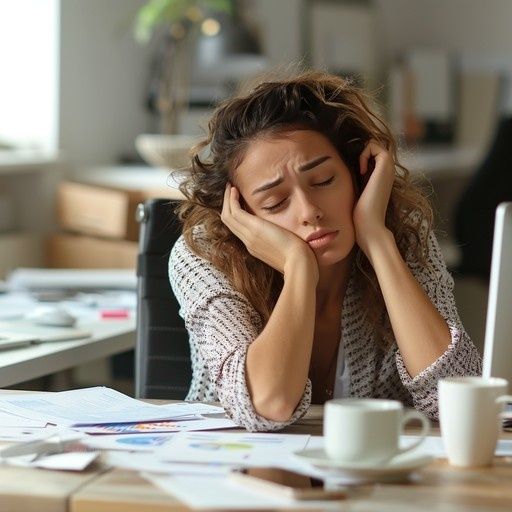 Stressad kvinna lutar huvudet i händerna vid ett belamrat skrivbord
